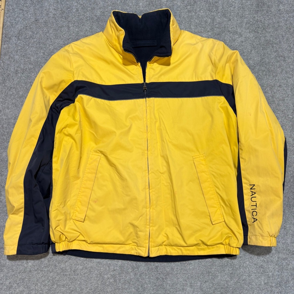 Nautica Mens XL Fleece Lined Windbreaker Jacket Yellow Navy Blue Colorblock Zip